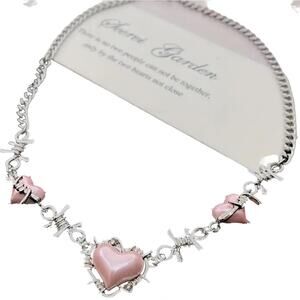 Barbed Wire Heart Necklace 16" Pink Silver Tone Whimsygoth Fairycore